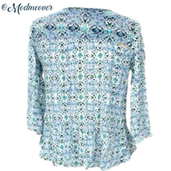 Turquoise & Lace Tribal Print Peasant Top NEW - Picture 2 of 6